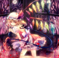 Rule 34 | 1girl, back, barefoot, blonde hair, bow, closed mouth, crystal, dress, embodiment of scarlet devil, eyebrows, female focus, flandre scarlet, frilled sleeves, frills, from behind, glass, hair between eyes, hat, hat ribbon, holding, holding weapon, kneeling, laevatein, light smile, mob cap, one side up, onineko, petals, puffy short sleeves, puffy sleeves, red dress, red eyes, red ribbon, ribbon, short sleeves, solo, stained glass, touhou, weapon, white bow, white hat, wings