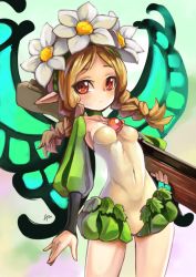 Rule 34 | 1girl, blonde hair, braid, butterfly wings, fairy, flower, gradient background, hair flower, hair ornament, hat, hm (hmongt), insect wings, looking at viewer, mercedes (odin sphere), odin sphere, pointy ears, puff and slash sleeves, puffy sleeves, red eyes, solo, twin braids, wings