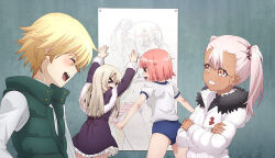 Rule 34 | &gt; &lt;, 1boy, 3girls, ass, blonde hair, blue buruma, buruma, child gilgamesh (fate), chloe von einzbern, closed eyes, commentary request, crossed arms, dark-skinned female, dark skin, drawing (object), dress, fate/kaleid liner prisma illya, fate (series), gilgamesh (fate), green jacket, gym shirt, gym uniform, illyasviel von einzbern, jacket, laughing, long hair, long sleeves, looking at another, multiple girls, official art, open mouth, pink hair, profile, purple dress, shirt, short hair, short sleeves, sleeveless, sleeveless jacket, tanaka (fate), teeth, thighs, twintails, upper body, upper teeth only, white jacket, white shirt, winter clothes, yellow eyes