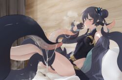 Rule 34 | 1girl, absurdres, ass, bare legs, black gloves, black hair, blazer, blue archive, blush, breasts, butterfly hair ornament, china dress, chinese clothes, dingding (chongsangjun), dragon print, dress, duplicate, gloves, grey eyes, hair bun, hair ornament, highres, implied sex, jacket, kisaki (blue archive), long hair, parted lips, restrained, single hair bun, sitting, slime (substance), small breasts, solo, suction cups, teeth, tentacles, twintails