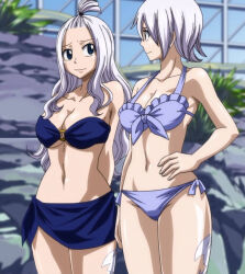 Rule 34 | 2girls, bare legs, bikini, blue eyes, breasts, cleavage, fairy tail, hand on own hip, large breasts, lisanna strauss, long hair, medium breasts, mirajane strauss, multiple girls, navel, screencap, siblings, sisters, stitched, swimsuit, tattoo, third-party edit, white hair