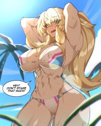 Rule 34 | 1girl, abs, absurdres, armpits, arms behind head, arms up, bare shoulders, barghest (fate), barghest (swimsuit archer) (fate), barghest (swimsuit archer) (final ascension) (fate), biceps, bikini, blonde hair, blue sky, breasts, cleavage, english text, fate/grand order, fate (series), green eyes, highres, horns, hyperbudd, large breasts, long hair, looking at viewer, multicolored bikini, multicolored clothes, muscular, muscular female, navel, open mouth, palm tree, ponytail, sky, solo, speech bubble, swimsuit, thick thighs, thighs, tree, white bikini
