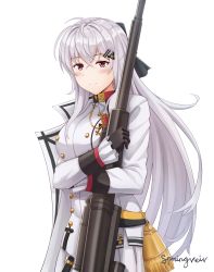 Rule 34 | 1girl, anti-materiel rifle, black gloves, blush, bolt action, breasts, bullpup, buttons, closed mouth, double-breasted, frilled sleeves, frills, girls&#039; frontline, gloves, gun, hair between eyes, hair ornament, hair ribbon, hairclip, highres, holding, holding gun, holding weapon, iws 2000 (girls&#039; frontline), jacket, large breasts, long hair, long sleeves, looking at viewer, military, military uniform, needlegun, pleated skirt, prototype design, red eyes, ribbon, rifle, shirt, signature, silver hair, simple background, skirt, smile, sniper rifle, solo, springveiv, star (symbol), steyr arms, steyr iws 2000, steyr mannlicher, tassel, uniform, upper body, weapon, white background, white jacket, white skirt