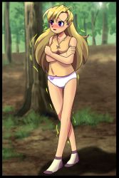 Rule 34 | 1girl, animal print, antenna hair, armpits, blonde hair, blush, breasts, butterfly print, camisole, clenched hands, clothes theft, cold, collarbone, comic, covering privates, crossed arms, day, embarrassed, euf-dreamer, eyelashes, female focus, forest, full body, grass, highres, humiliation, legs, long hair, looking to the side, medium breasts, motion lines, nature, neck, open mouth, original, outdoors, panties, parted bangs, print panties, purple eyes, shiny clothes, shiny skin, shy, sidelocks, socks, standing, theft, thighs, tree, trembling, two-tone panties, underwear, underwear only, unworn clothes, walking, white panties, yellow camisole