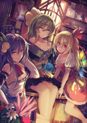 Rule 34 | 3girls, bare shoulders, birdcage, black skirt, blonde hair, blue hair, breasts, brown eyes, cage, collarbone, commentary, detached collar, detached sleeves, dress, dutch angle, expressionless, flandre scarlet, flower, food-themed hair ornament, green eyes, green hair, hair between eyes, hair ornament, hair ribbon, tucking hair, hand in own hair, hinanawi tenshi, kochiya sanae, komeiji koishi, legs together, looking at viewer, md5 mismatch, medium breasts, multiple girls, nakaichi (ridil), parted lips, peach hair ornament, photo (object), pleated skirt, puffy short sleeves, puffy sleeves, red dress, red eyes, red flower, reiuji utsuho, resized, resolution mismatch, ribbon, short hair with long locks, short sleeves, side ponytail, sitting, skirt, smile, source larger, standing, sunlight, touhou, white flower, window