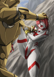 Rule 34 | 1girl, alien, grabbing another&#039;s breast, breasts, closed eyes, color timer, commentary, crying, giant, giantess, grabbing, hand on another&#039;s head, highres, jigoku ouji, king joe, large breasts, leg up, mountain, original, pinned, red hair, robot, ryona, short hair, tokusatsu, ultra series