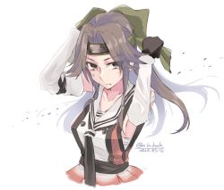 Rule 34 | 1girl, alakoala, black necktie, brown eyes, brown hair, buttons, commentary request, cowboy shot, dated, double-breasted, elbow gloves, forehead protector, gloves, hair intakes, headband, highres, jintsuu (kancolle), jintsuu kai ni (kancolle), kantai collection, long hair, looking at viewer, necktie, one-hour drawing challenge, sailor collar, school uniform, serafuku, simple background, solo, twitter username, white background, white sailor collar