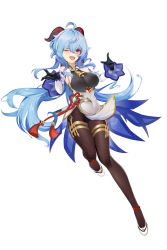Rule 34 | absurdres, ahoge, bare shoulders, bell, black gloves, blue hair, breasts, chinese knot, covered navel, curled horns, detached sleeves, full body, ganyu (genshin impact), genshin impact, gloves, gold trim, high heels, highres, horns, large breasts, leotard, leotard under clothes, long hair, looking at viewer, mcic0, neck bell, one eye closed, open mouth, purple eyes, sidelocks, smile, solo, tassel, thigh gap, thighlet, thighs, very long hair, vision (genshin impact), white background, white sleeves