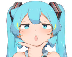 Rule 34 | 1girl, :o, abmayo, aqua hair, bare shoulders, blush, commentary request, grey shirt, hair ornament, hand on own chin, hand up, hatsune miku, highres, long hair, looking at viewer, necktie, open mouth, portrait, shiny skin, shirt, simple background, solo, sparkle, twintails, very long hair, vocaloid, white background