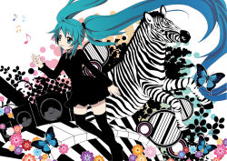 Rule 34 | aqua eyes, aqua hair, bad id, bad pixiv id, bug, butterfly, dress, flower, formal, hatsune miku, insect, long hair, musical note, necktie, paino keys, piano keys, saihate (vocaloid), solo, speaker, thighhighs, twintails, very long hair, vocaloid, yumigon, zebra