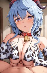 Rule 34 | 1boy, 1girl, absurdres, animal print, bare shoulders, bell, bikini, blue hair, blush, bow, breasts, breasts squeezed together, censored, cleavage, collar, collarbone, cow print, cow print bikini, cow print gloves, cowbell, elbow gloves, ganyu (genshin impact), genshin impact, gloves, grabbing own breast, hair bow, hetero, highres, horns, large breasts, long hair, looking at viewer, neck bell, open mouth, paizuri, penis, print bikini, print gloves, purple eyes, renetan, sidelocks, sweat, swimsuit, white bikini, white gloves