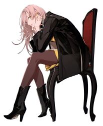 Rule 34 | black coat, black footwear, breasts, chair, coat, fate:lost einherjar, fate (series), green eyes, highres, large breasts, looking at viewer, miwa shirow, non-web source, official art, open clothes, open coat, pantyhose, remina eltfrom yggdmillennia, sitting
