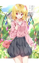Rule 34 | 1girl, :d, alternate costume, bag, black skirt, blonde hair, blurry, blurry background, crystal, flandre scarlet, highres, jacket, looking at viewer, one side up, open mouth, outdoors, pink jacket, pleated skirt, red eyes, sabana, school uniform, shirt, shoulder bag, skirt, smile, solo, standing, touhou, white shirt, wings
