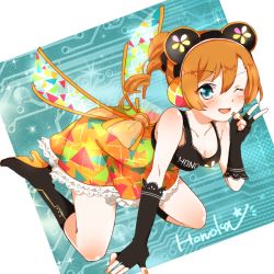 Rule 34 | 10s, 1girl, ;d, all fours, animal ears, bad id, bad pixiv id, black gloves, blue eyes, boots, breasts, character name, cleavage, curly hair, dress, elbow gloves, fingerless gloves, gloves, headphones, high heel boots, high heels, kosaka honoka, love live!, love live! school idol festival, love live! school idol project, medium breasts, mouse ears, nail polish, one eye closed, open mouth, orange hair, purin0, purin (purin0), red nails, side ponytail, smile, solo, v