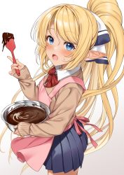 Rule 34 | 1girl, :o, apron, beige jacket, blonde hair, blue eyes, blue skirt, blush, bow, bowl, bowtie, chocolate, chocolate making, commentary request, cowboy shot, elf, enjo kouhai, highres, iris (takunomi), long hair, long sleeves, looking at viewer, open mouth, pink apron, pleated skirt, pointy ears, ponytail, red bow, red bowtie, simple background, skirt, sleeves past wrists, solo, spatula, takunomi, valentine, very long hair, white background