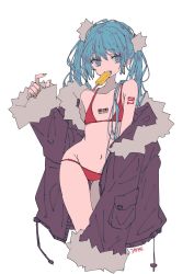 Rule 34 | 1girl, 3774., aqua eyes, aqua hair, arm tattoo, barcode, bikini, coat, contrapposto, crossed bangs, earrings, flat chest, food in mouth, fur trim, green nails, groin, hair between eyes, hair ornament, hand up, hatsune miku, highres, jewelry, long hair, looking at viewer, nail polish, navel, off shoulder, open clothes, open coat, open mouth, oversized clothes, petite, popsicle, popsicle in mouth, red bikini, sidelocks, simple background, solo, standing, swimsuit, tattoo, teeth, twintails, very long hair, vocaloid, white background