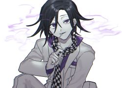 Rule 34 | 1boy, absurdres, black hair, breast pocket, checkered clothes, checkered neckwear, cigarette, collarbone, commentary request, danganronpa (series), danganronpa v3: killing harmony, hair between eyes, highres, jacket, long sleeves, looking at viewer, male focus, official alternate costume, open mouth, oma kokichi, pale skin, pants, pink shirt, pocket, purple eyes, shirt, short hair, sitting, smoke, solo, straitjacket, tong (kiri v3), white jacket, white pants