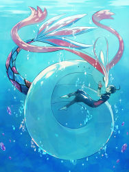 Rule 34 | 1boy, air bubble, barefoot, black hair, brendan (pokemon), bubble, commentary request, creatures (company), closed eyes, feet, fingerless gloves, game freak, gen 3 pokemon, gloves, hands on another&#039;s face, hetero, highres, kiss, male focus, milotic, nintendo, ocean, pants, pokemon, pokemon (creature), pokemon adventures, sparkle, submerged, underwater, water, yukin (es)