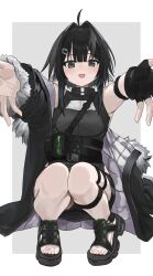 Rule 34 | 1girl, ahoge, arknights, bad feet, bare shoulders, black coat, black eyes, black footwear, black gloves, black hair, black shirt, black shorts, black theme, border, breasts, coat, commentary, dot nose, feather hair, fingerless gloves, full body, fur-trimmed coat, fur trim, gloves, grey background, hair intakes, highres, la pluma (arknights), large breasts, looking at viewer, open clothes, open coat, open mouth, sandals, shirt, shorts, simple background, single glove, smile, solo, squatting, thigh strap, waichi