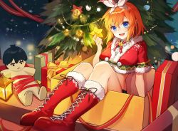 Rule 34 | 1girl, :d, blue eyes, boots, bow, bow hairband, box, character doll, christmas, christmas tree, crop top, cross-laced footwear, dress shirt, fur-trimmed boots, fur-trimmed sleeves, fur trim, gift, gift box, go-toubun no hanayome, hair between eyes, hair bow, hairband, highres, holding, lace-up boots, long hair, midriff, nakano yotsuba, neck ribbon, open mouth, orange hair, red footwear, red ribbon, ribbon, santa boots, shirt, short sleeves, sitting, smile, solo, stomach, white bow, white hairband, white shirt, yunweishukuang