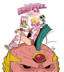 Rule 34 | 2016, artist name, belt, black sclera, blonde hair, blue eyes, colored sclera, english text, gurihiru, gwenpool, gwenpool, crossed legs, leotard, marvel, mask, unworn mask, modok, mohawk, multicolored hair, open mouth, pink hair, pouch, pun, red eyes, shin guards, shoes, signature, sitting, sitting on head, sitting on person, skull, smile, sneakers, sweatdrop, two-tone hair