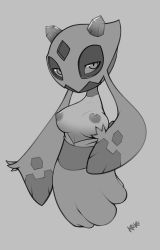 Rule 34 | 1girl, absurdres, artist name, breast hold, breasts, breasts out, creatures (company), crystal, female focus, froslass, full body, game freak, gen 4 pokemon, grey background, greyscale, half-closed eyes, hand up, highres, kektails, large breasts, looking at viewer, monochrome, nintendo, nipples, no humans, off shoulder, pokemon, pokemon (creature), sash, signature, simple background, solo