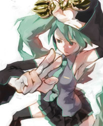Rule 34 | 1girl, armpits, bad id, bad pixiv id, face, fighting stance, foreshortening, green hair, hatsune miku, highres, solo, squatting, thighhighs, tomioka jirou, twintails, vocaloid