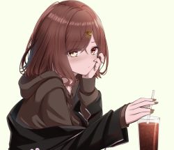 Rule 34 | 1girl, absurdres, black jacket, brown hair, brown hoodie, brown nails, cup, drinking glass, drinking straw, fingernails, hair ornament, hairclip, hand on own cheek, hand on own face, highres, higuchi madoka, hood, hood down, hoodie, ice, ice cube, iced tea, idolmaster, idolmaster shiny colors, jacket, long fingernails, long sleeves, looking at viewer, nail polish, off shoulder, open clothes, open jacket, ryouta (ryouta335), short hair, simple background, solo, upper body, yellow background, yellow eyes, zipper, zipper pull tab