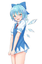Rule 34 | 1girl, blue bow, blue dress, blue eyes, blue hair, blue panties, blush, bow, cirno, commentary request, cowboy shot, dress, dress tug, embarrassed, hair bow, ice, ice wings, looking at viewer, neck ribbon, open mouth, panties, pinafore dress, puffy short sleeves, puffy sleeves, red ribbon, ribbon, roke (taikodon), shirt, short dress, short hair, short sleeves, simple background, sleeveless, sleeveless dress, solo, standing, striped clothes, striped panties, thighs, touhou, underwear, white background, white shirt, wings