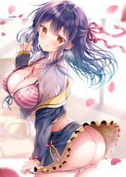Rule 34 | 1girl, :q, ass, bikini, bikini pull, black hair, blush, breasts, butt crack, circle name, cleavage, clothes pull, hair ribbon, highres, jacket, large breasts, long hair, looking at viewer, off shoulder, original, ribbon, skirt, sleeves past wrists, smile, solo, sousouman, striped bikini, striped clothes, swimsuit, tongue, tongue out, unbuttoned, yellow eyes