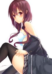 Rule 34 | 1girl, bad id, bad pixiv id, bag, black thighhighs, blush, brown eyes, brown hair, commentary request, from side, hair between eyes, koinobori (ajc90839), long hair, looking at viewer, looking back, mole, mole under eye, original, pleated skirt, school bag, school uniform, simple background, sitting, skirt, solo, thighhighs, transparent background, underwear, uniform, white background