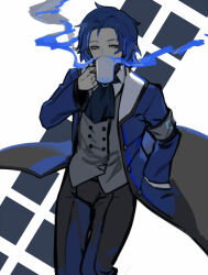 Rule 34 | 1boy, ascot, black pants, blue ascot, blue coat, blue hair, chesed (project moon), coat, colored smoke, cup, drinking, grey vest, hand in pocket, holding, holding cup, lobotomy corporation, male focus, medium hair, mug, nishikujic, pants, project moon, smoke, solo, vest, white background