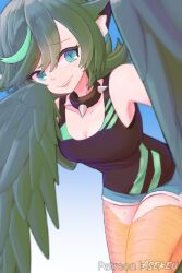 Rule 34 | 1girl, absurdres, animal ears, artist name, asekeu, bare shoulders, bird legs, black tank top, blue shorts, breasts, cat ears, choker, cleavage, commentary, commission, english commentary, feathers, green eyes, green feathers, green hair, green wings, harpy, highres, long hair, looking at viewer, monster girl, open mouth, original, pov, quill (asekeu), shorts, small breasts, smile, solo, spiked choker, spikes, tank top, winged arms, wings