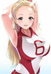 Rule 34 | 1girl, :d, amasora taichi, armpits, arms behind head, arms up, blonde hair, blush, breasts, collarbone, commentary request, forehead, girls und panzer, gradient background, green eyes, hairband, highres, large breasts, long hair, looking at viewer, open mouth, ponytail, round teeth, sasaki akebi, sleeveless, smile, solo, sportswear, teeth, upper body, upper teeth only, very long hair, volleyball uniform, white background, white hairband