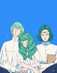 Rule 34 | 1girl, 2boys, alternate costume, blue background, byleth (fire emblem), byleth (male) (fire emblem), closed eyes, closed mouth, dress, drill hair, facial hair, family, father and daughter, fire emblem, fire emblem: three houses, flayn (fire emblem), green hair, hair ornament, highres, holding, holding hands, long hair, matching hair/eyes, multiple boys, nintendo, parted lips, pekuchin, seteth (fire emblem), shirt, short hair, simple background, sleeping, stubble, white dress, white shirt, wide sleeves