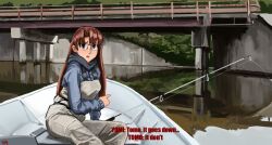 Rule 34 | 103anon, 1girl, alternate costume, azumanga daiou, blue hoodie, boat, breasts, bridge, brown eyes, brown hair, commentary, danlamdae, day, english commentary, english text, feet out of frame, fishing rod, glasses, grey overalls, highres, hood, hood down, hoodie, it do go down (meme), long hair, long sleeves, looking at viewer, medium bangs, medium breasts, meme, mizuhara koyomi, nervous, open mouth, outdoors, overalls, parted bangs, pointing, reflection, reflective water, rimless eyewear, river, sitting, solo, subtitled, water, watercraft