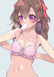 Rule 34 | 1girl, absurdres, blush, bra, brown hair, delicious party precure, food, food in mouth, highres, long hair, mikorin, nagomi yui, popsicle, popsicle in mouth, precure, purple eyes, rice print, solo, sweat, two side up, underwear