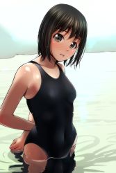 Rule 34 | 1girl, absurdres, arms behind back, black hair, black one-piece swimsuit, brown eyes, competition swimsuit, covered navel, head tilt, highres, looking at viewer, matsunaga kouyou, one-piece swimsuit, original, partially submerged, reflection, short hair, solo, swimsuit, wet