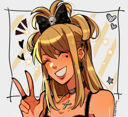 Rule 34 | 1girl, :d, absurdres, amane misa, blonde hair, blush, bow, choker, cinnamiku hairstyle, closed eyes, cross, cross earrings, cross necklace, death note, earrings, facial mark, grin, hair bow, hair ornament, hair ribbon, heart, heart facial mark, heart o-ring, highres, huyandere, inverted cross, jewelry, lace, lace-trimmed shirt, lace trim, long hair, multiple earrings, nail polish, necklace, o-ring, o-ring choker, open mouth, ribbon, ring, shirt, signature, skull hair ornament, smile, solo, star (symbol), tank top, updo, v