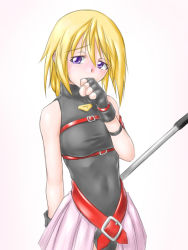 Rule 34 | 1girl, ^jj^, arm strap, bardiche (nanoha), bare shoulders, belt, belt bra, black gloves, blonde hair, blush, buckle, charlotte dunois, clenched hand, cosplay, covered navel, covering face, covering own mouth, covering privates, cowboy shot, fate testarossa, fate testarossa (cosplay), fate testarossa (original form), fingerless gloves, gloves, hair between eyes, halterneck, infinite stratos, leotard, looking at viewer, looking away, lyrical nanoha, magical girl, mahou shoujo lyrical nanoha, miniskirt, pleated skirt, polearm, purple eyes, raised eyebrows, showgirl skirt, simple background, sketch, skin tight, skirt, solo, taut clothes, turtleneck, weapon, white background
