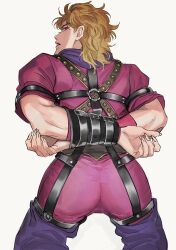 Rule 34 | 1boy, arms behind back, ass, back, bdsm, blonde hair, bondage, bound, bound arms, bustersiri, dio brando, ear birthmark, fangs, fangs out, fingernails, highres, jojo no kimyou na bouken, long fingernails, looking at viewer, looking back, male focus, pants, phantom blood, red eyes, restrained, scarf, shirt, simple background, solo, toned, toned male, vampire, white background