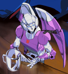 Rule 34 | 1girl, arcee, autobot, beer mug, blue eyes, commentary, cup, english commentary, highres, hinomars19, looking to the side, mecha, mug, open hand, robot, sitting, solo, transformers