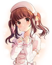 Rule 34 | 1girl, bad id, bad pixiv id, beret, blush, brown eyes, brown hair, coat, commentary request, earrings, hair ornament, hair ribbon, hat, head tilt, highres, idolmaster, idolmaster cinderella girls, jewelry, layered sleeves, long hair, long sleeves, looking at viewer, ogata chieri, parted lips, pink ribbon, pom pom (clothes), puffy short sleeves, puffy sleeves, ribbon, satoimo chika, short over long sleeves, short sleeves, sleeves past wrists, solo, twintails, white background, white coat, white hat, yellow ribbon