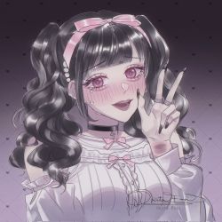 Rule 34 | 1girl, bare shoulders, black choker, black hair, bow, bruise, choker, cross, crying, crying with eyes open, curly hair, goth fashion, gothic lolita, hair bow, headband, heart, heart-shaped pupils, highres, injury, lolita fashion, okitafuji, original, pink bow, pink eyes, purple background, shirt, short twintails, smile, solo, sweet lolita, symbol-shaped pupils, tears, twintails, white shirt