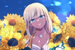 Rule 34 | 108 (toowa), 1girl, :d, artist name, blue background, breasts, collarbone, danganronpa (series), danganronpa v3: killing harmony, dark-skinned female, dark skin, flower, grey eyes, grey hair, highres, jewelry, long hair, looking at viewer, low twintails, medium breasts, necklace, open mouth, shell, shell necklace, smile, solo, sunflower, teeth, twintails, upper body, upper teeth only, yonaga angie
