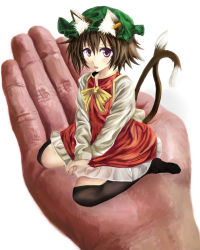 Rule 34 | 1girl, animal ears, chen, dress, female focus, full body, hat, in palm, kuro kichi, male hand, mini person, minigirl, multiple tails, sitting, solo, solo focus, tail, thighhighs, touhou, v arms, wariza, white background, zettai ryouiki