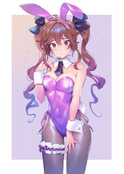 Rule 34 | 1girl, ahoge, animal ears, bare arms, bare shoulders, blush, border, breasts, bridal garter, brown hair, cleavage, commentary, covered navel, cowboy shot, detached collar, earrings, fake animal ears, fake tail, flying sweatdrops, gradient background, gradient hair, grey pantyhose, hair between eyes, hair ribbon, hairband, hand up, highres, himekaidou hatate, jewelry, leotard, long hair, looking at viewer, matsuda (matsukichi), medium breasts, multicolored hair, necktie, outside border, pantyhose, playboy bunny, purple background, purple eyes, purple hair, purple hairband, purple leotard, purple necktie, purple ribbon, rabbit ears, rabbit tail, ribbon, solo, standing, strapless, strapless leotard, tail, thighs, touhou, twintails, white border, wrist cuffs