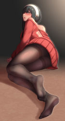 Rule 34 | 1girl, ass, back cutout, bare shoulders, black hair, blush, breasts, brown pantyhose, clothing cutout, full body, highres, legs, long sleeves, no shoes, off-shoulder sweater, off shoulder, open mouth, pantyhose, red eyes, red sweater, sidelocks, soles, solo, spy x family, sweater, thighs, toes, yamauchi (conan-comy), yor briar