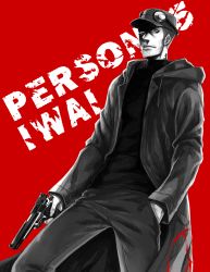 Rule 34 | 10s, 1boy, bad id, bad pixiv id, beard, brown hair, character name, cigarette, copyright name, earrings, facial hair, gun, hat, highres, hood, hoodie, iwai munehisa, jewelry, long sideburns, male focus, monochrome, persona, persona 5, piercing, red background, simple background, solo, tattoo, upper body, weapon
