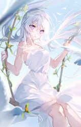 Rule 34 | 1girl, bare shoulders, bird, blue sky, blurry, blurry foreground, blush, clear sky, closed mouth, collarbone, commentary request, day, dress, feet out of frame, highres, holding, leaf, light blush, light frown, light particles, long hair, looking away, miwano rag, off shoulder, original, outdoors, purple eyes, shiny skin, sidelocks, sitting, sky, solo, sundress, sunlight, swing, white dress, white hair